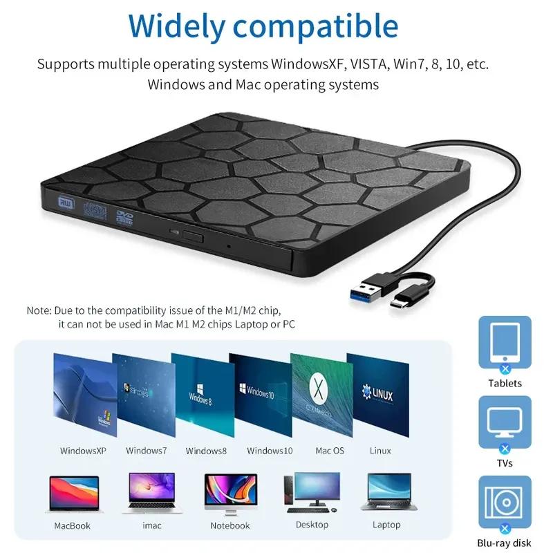 USB3.0 Type C External Optical Drive DVD RW CD Reader Burner Portable DVD Writer Player For Laptop PC Windows 11 10 Linux OS Mac