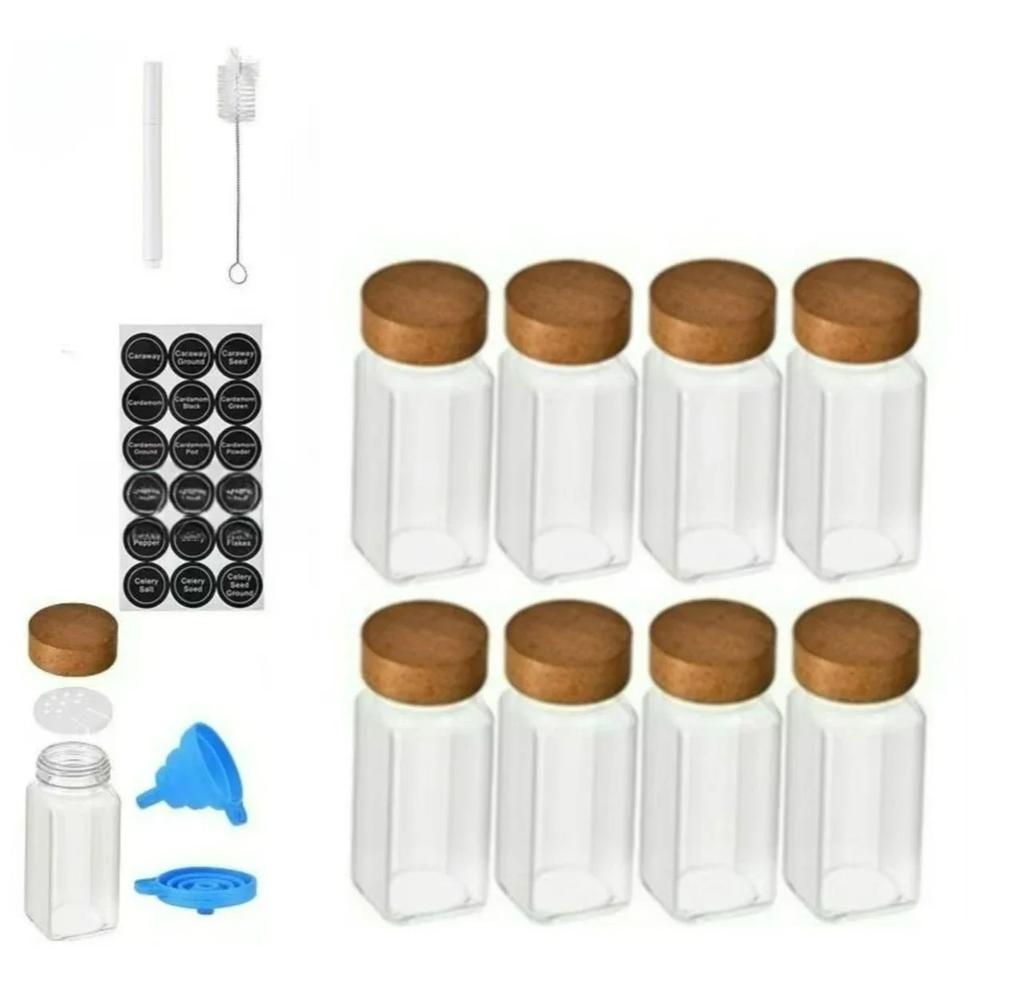 Glass Spice Jars with Labels- Wood Lid Square Spice Containers with brush Lids &Funnel,Seasoning Jars for Rack Cabinet Drawer