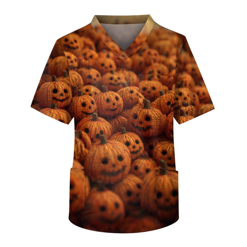 Men's Short Sleeve V-Neck Halloween Print Chest Pocket Care Top