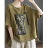 Linen T Shirt Women Art Vintage Print Loose Fashion Casual Short Sleeve Oversized Blouse Summer Trend Thin