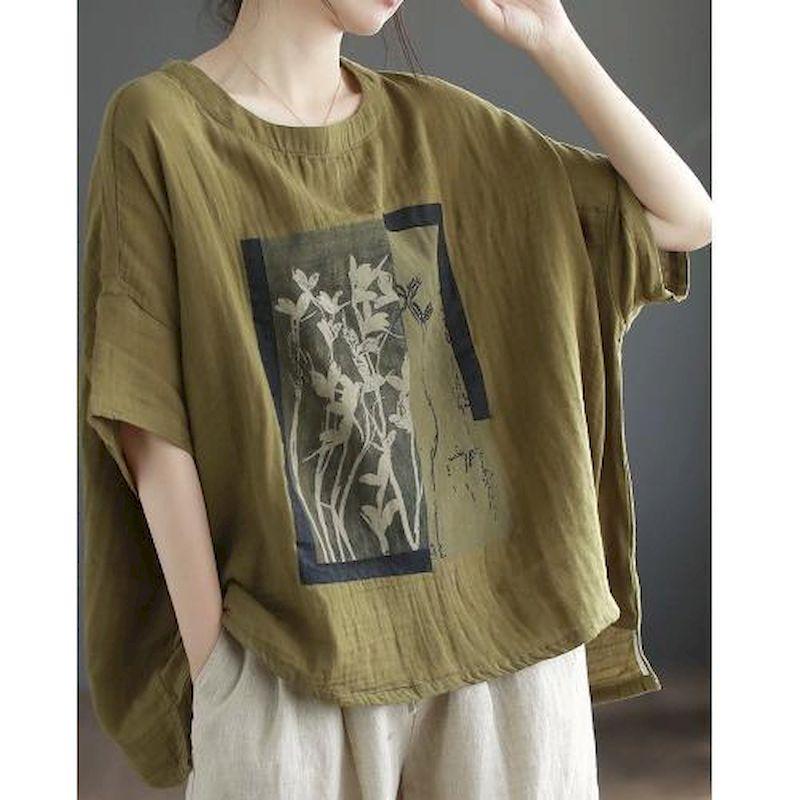 Linen T Shirt Women Art Vintage Print Loose Fashion Casual Short Sleeve Oversized Blouse Summer Trend Thin