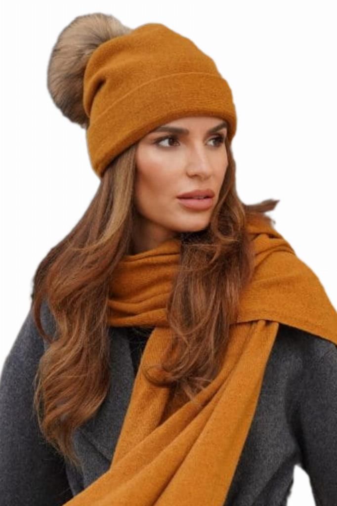 Women' Winter Woolen Hat Mustard Color Kamea-Chiru Natural Pompom