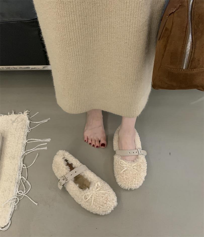 2025 autumn and winter comfortable versatile bow cotton shoes round head one-word buckle casual fluffy shoes