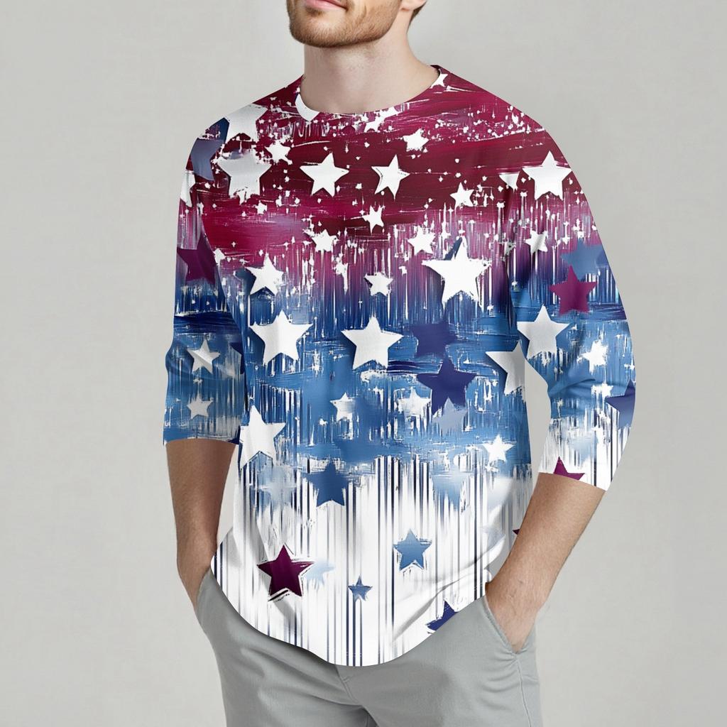 Men's Fashion Casual Independence Day Print  Neck Seven-point Sleeve Top T-shirt