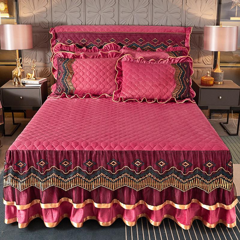 3pcs Solid Color Skin-friendly Sandwiched Diamond Grid Flower Quilted + Raised Lace Layer Bed Skirt Kit 1pc Bed Skirt + 2 Pillowcases