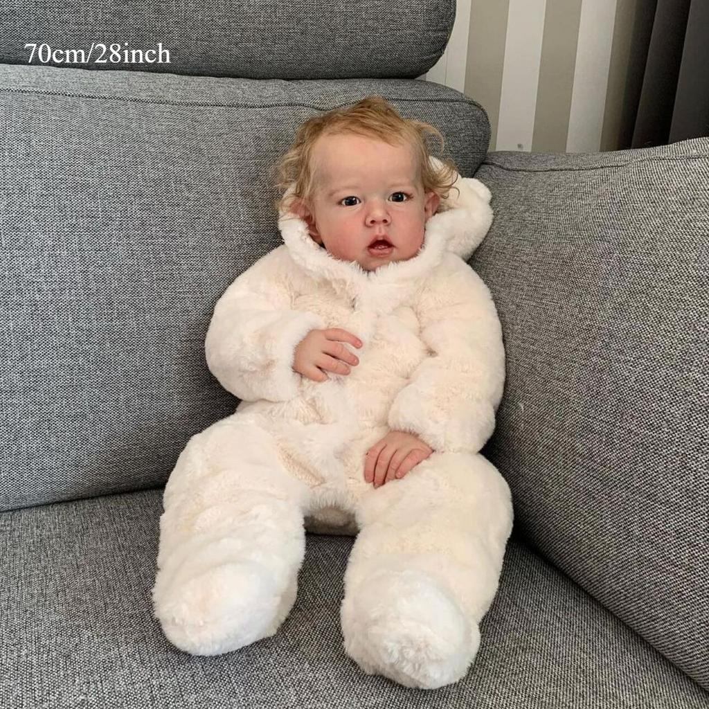 BZDOLL 70 CM 28 Zoll Realistische Reborn Baby Junge Puppe Spielzeug Stoffkörper 3D Haut Weiches Vinyl für Mädchen Blondes Kleinkind Kunst Bebe
