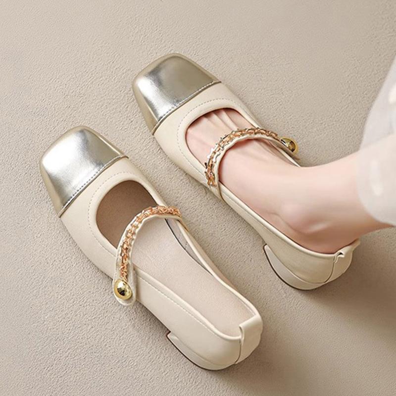 Fashion gold leather patchwork med- high heels shoes woman metal chains pumps ankle strap mary janes shoes tacones big size 43