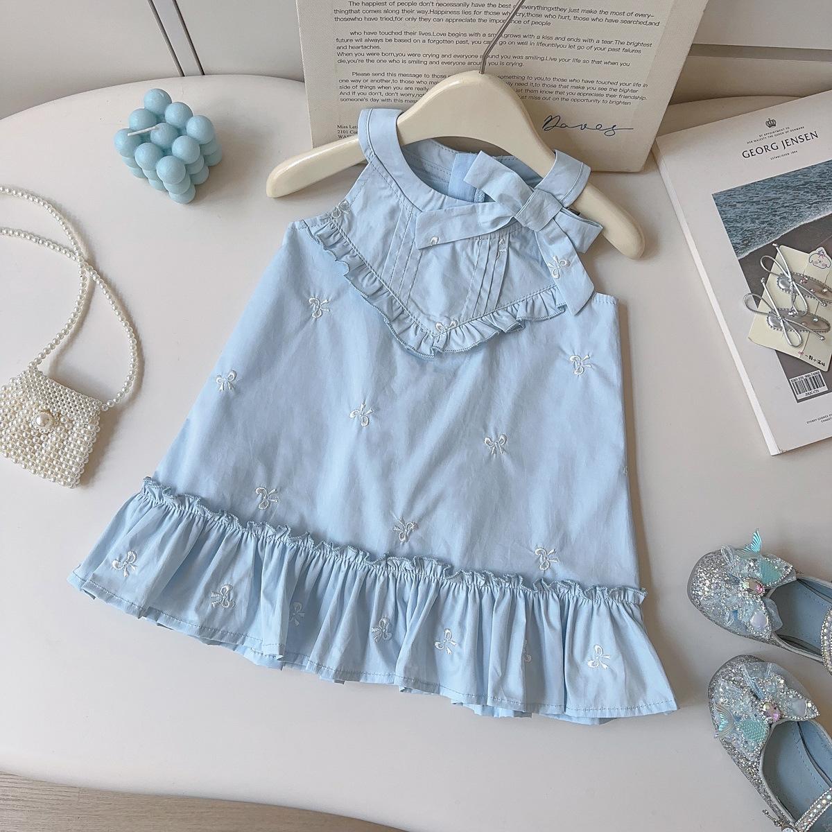 Summer Girls Embroidered Bow Sleeveless Vest Dress Fresh Princess Cotton Dress For Kids 90cm