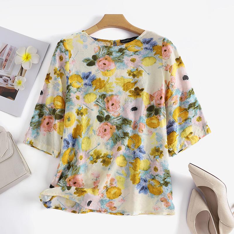 ZANZEA Women Casual Round-Neck 3/4 Sleeve Floral Printed Tops