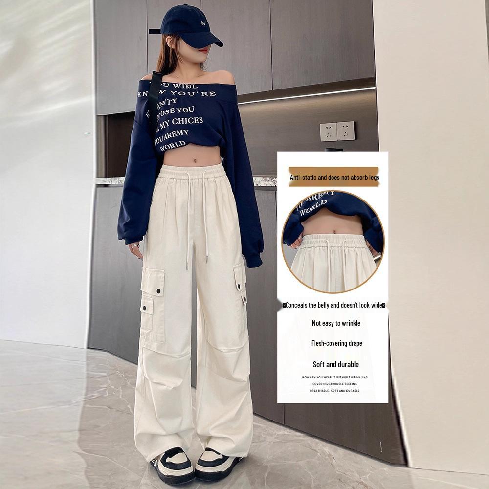 Damen High-Waist Retro Washed Baumwolle Cargohose, Lockeres Gerades Bein, Bodenlang, Aufgeschlagener Weiter Beinabschluss, Frühling Schlankmachender Stil.