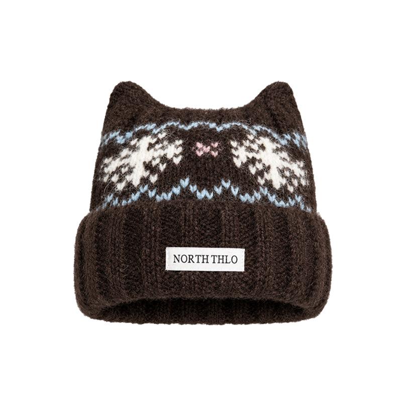 2026 autumn and winter new Fair Island wind cat ear wool hat, fleece warm cold hat, big head circumference and small knitted hat