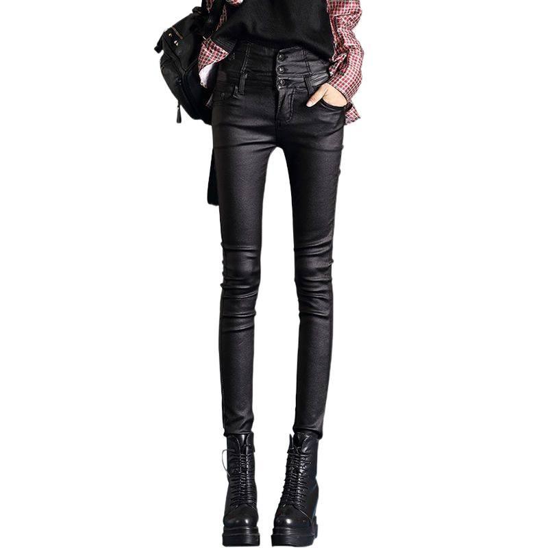 Women's High Waist Matte PU Leather Fleece-Lined Slimming Pants - Winter Base Layer