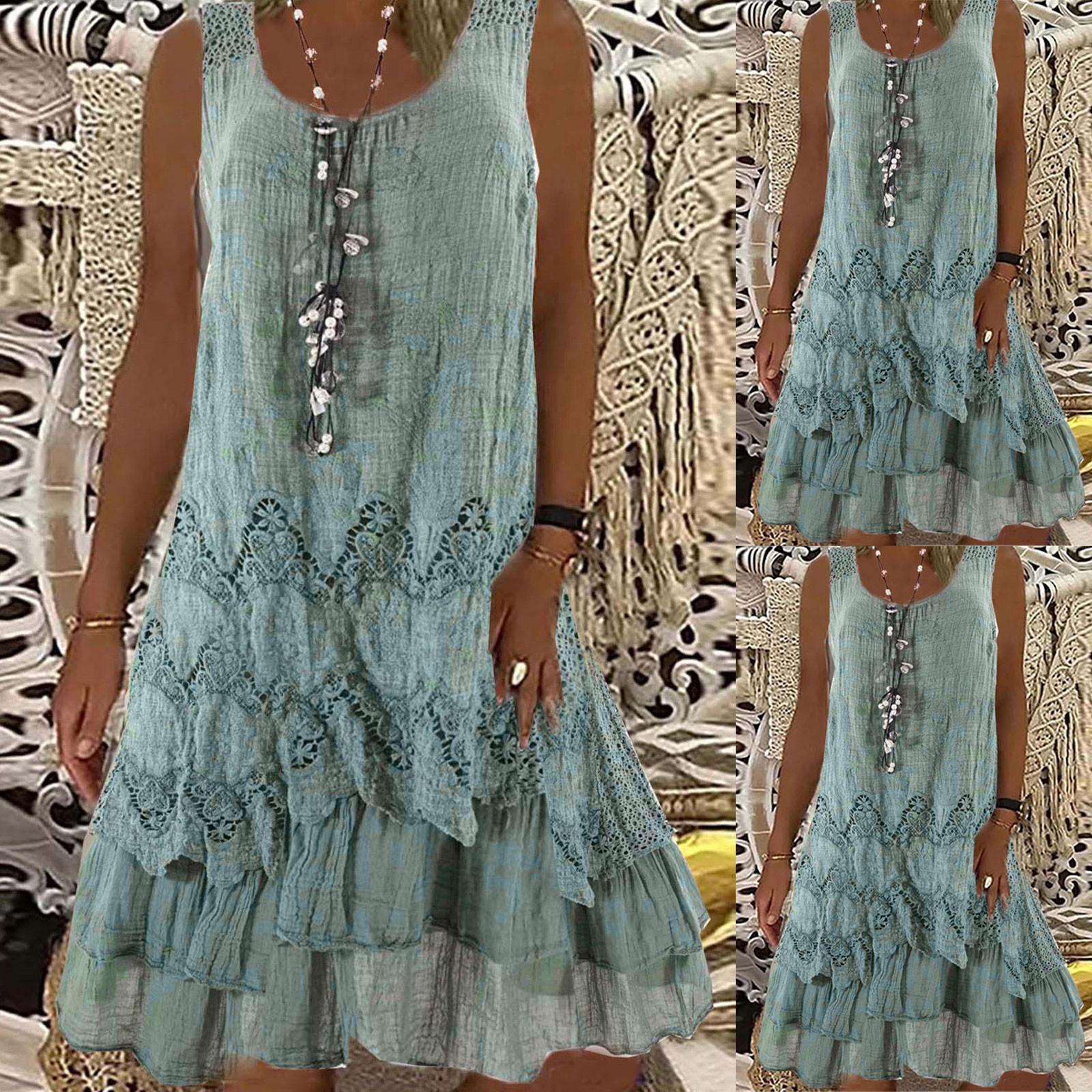 

(Projector)Women s Casual Fashion O-neck Loose Sleeveless Printed Dress
