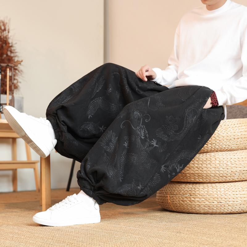 Men's Chinese Style Jacquard Lantern Pants Casual Loose Wide Leg Bloomers With Tassel Drawstring For Daily Wear