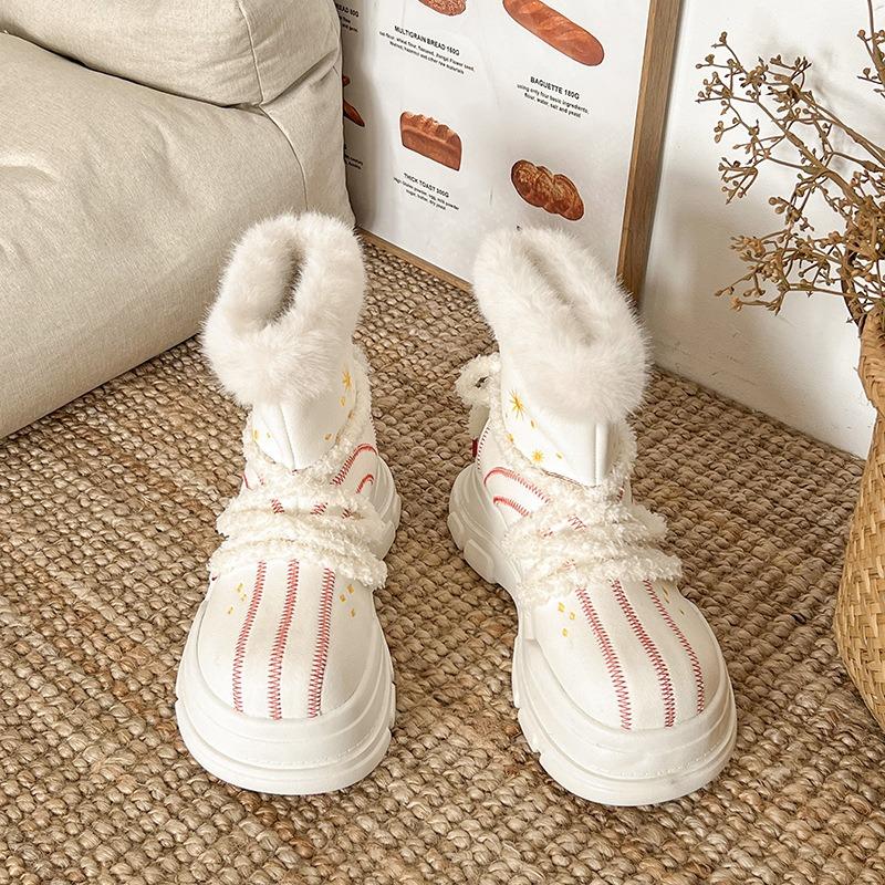White Christmas Wind Platform Snow Boots Women's Winter New Velvet Thickened Warm Non-slip Big Head Cotton Shoes