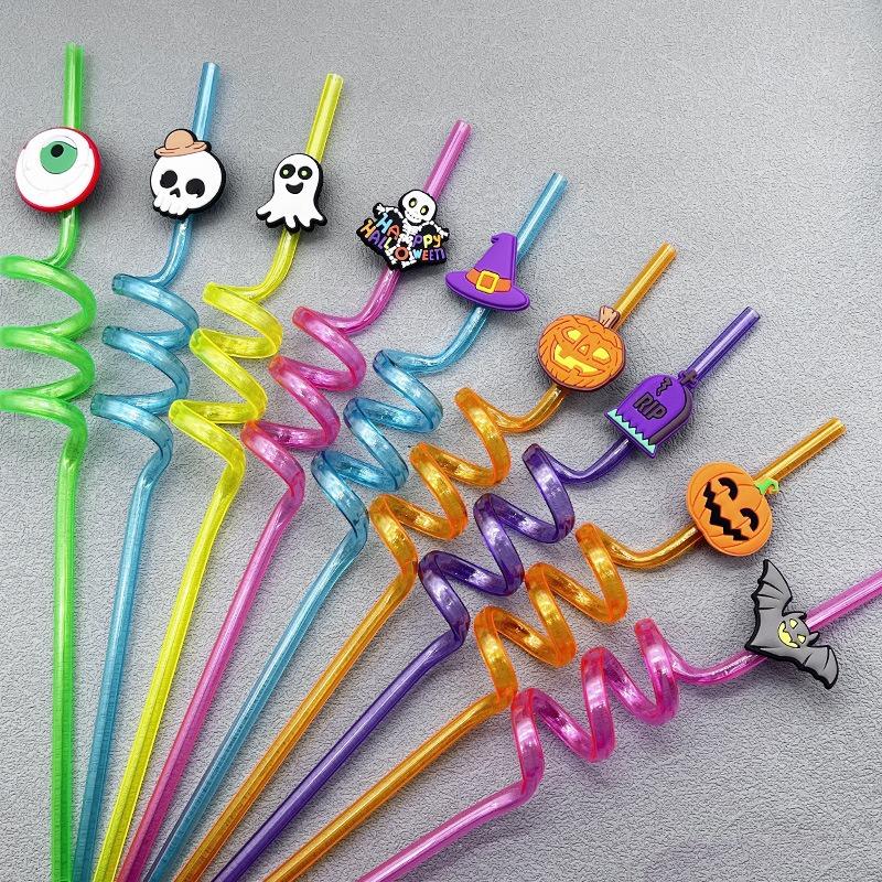 8pcs Halloween Straw Reusable Pumpkin Spiral Plastic Straw Kids Baby Birthday Party Decorations Supplies Drinking Straws