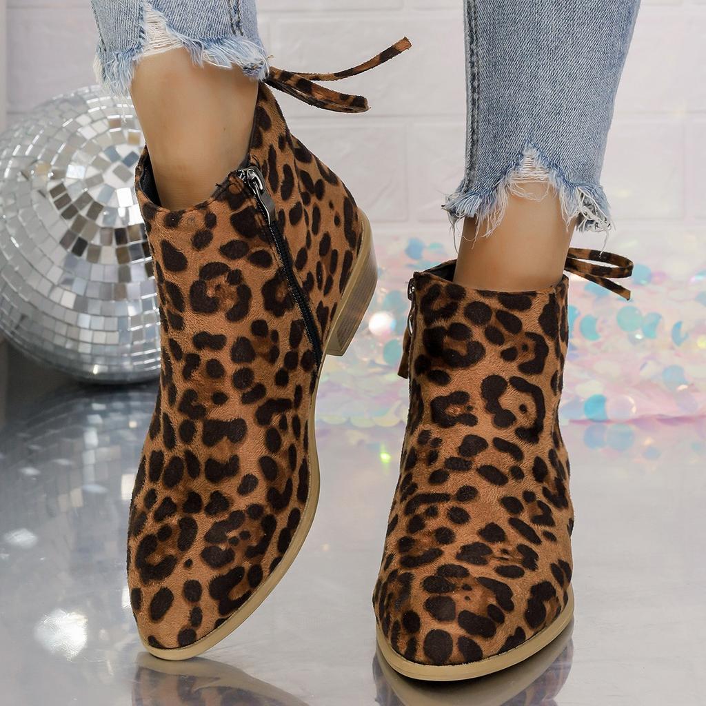 Leopard Print Women Ankle Boots Female Fashion Elegant Dancing Party Prom Shoes Woman Square Mid Heel Women's Modern Short Boots