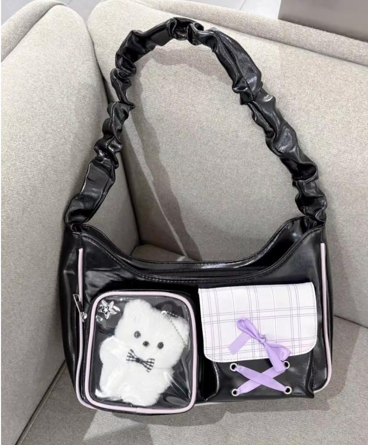 

Japanese Sweet Lovely Lace Up Bow Tote Bag Women Badge Doll Display Ita Bag Ladies Harajuku Y2K Contrast Color Shoulder Bag Chic 33.9x22.4x6.52cm чёрный