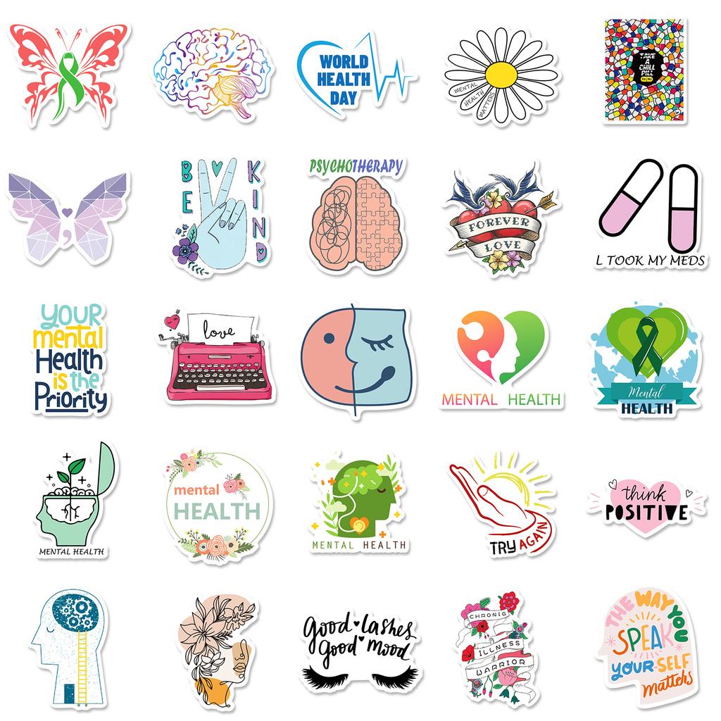 50 piezas de pegatinas de salud mental, nuevas pegatinas de doodle de concienciación sobre la salud mental, pegatinas de guitarra y patineta al por mayor