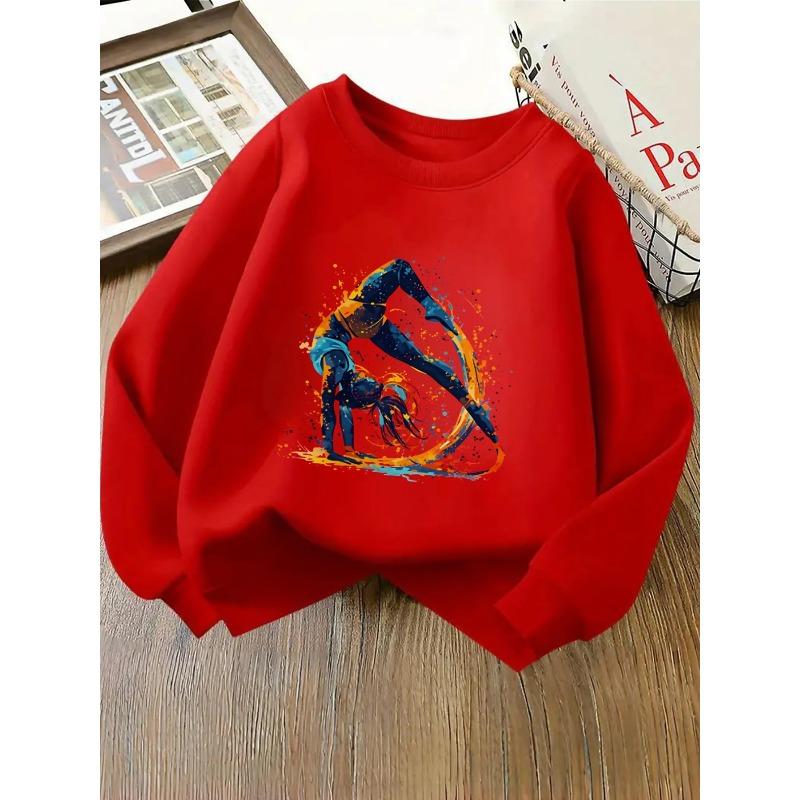 Girls' Crewneck Sweatshirt - Dynamic Figure Yoga Pose Artwork Splash Machine Washable, Spring And Autumn