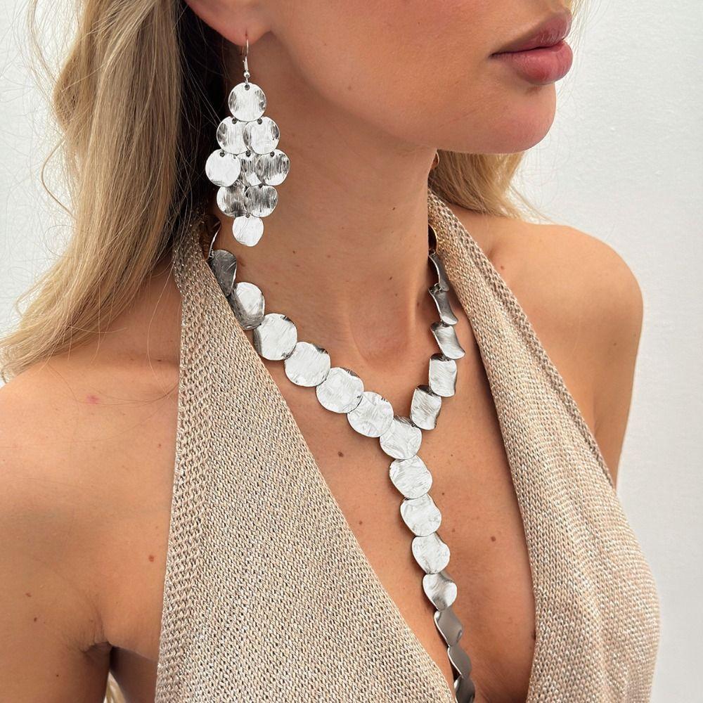 Bohemian Y Shape Necklace Metal Chain Gold Jewelry Fashion Sequin Drop Earrings  Collarbone Chain