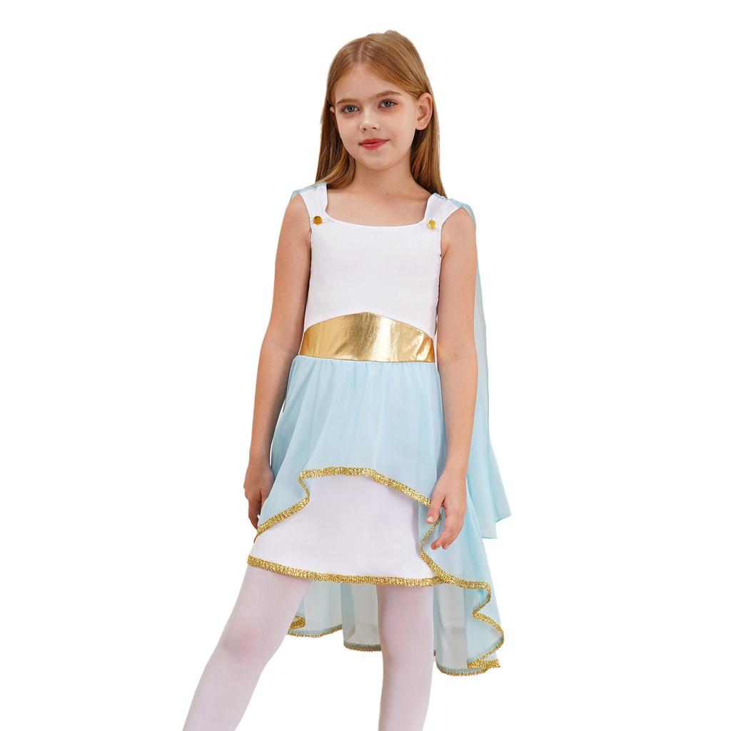 Kostium Greckiej Togi dla Dziewczynki: Bezrękawna Asymetryczna Zwiewna Sukienka Patchworkowa na Halloween Kostium Księżniczki Starożytnego Rzymu Cosplay