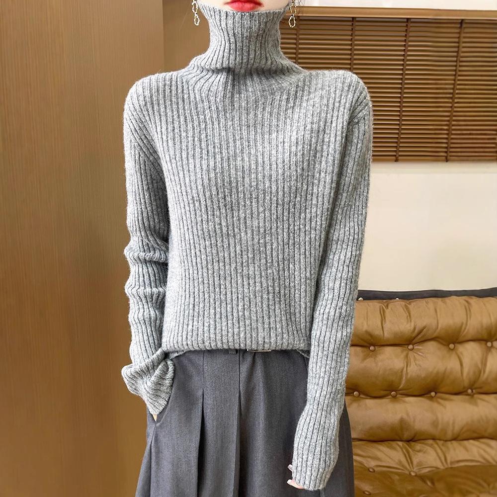 Women's High Neck Wool Sweater - Slim Fit, 100% Wool, Striped, Autumn/Winter Knit Pullover