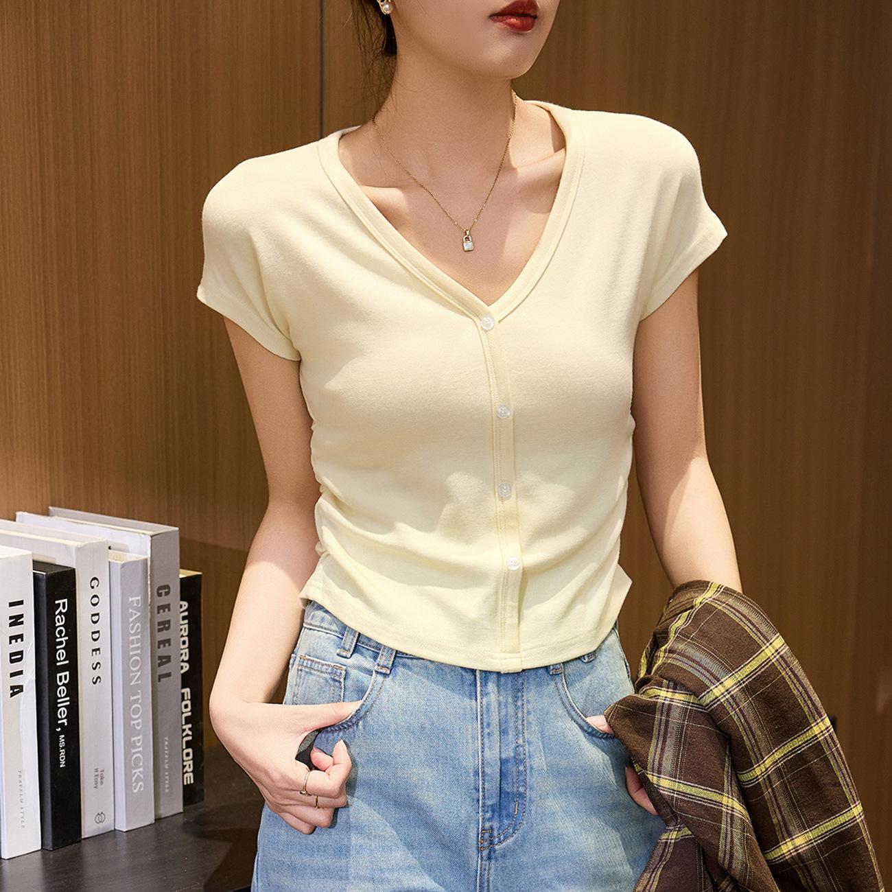 Blended Light Modal Cotton Skin-friendly Soft Button Pleated Waist V-Neck T-Shirt Women s Summer Short Sleeve Thin Top S кремовый