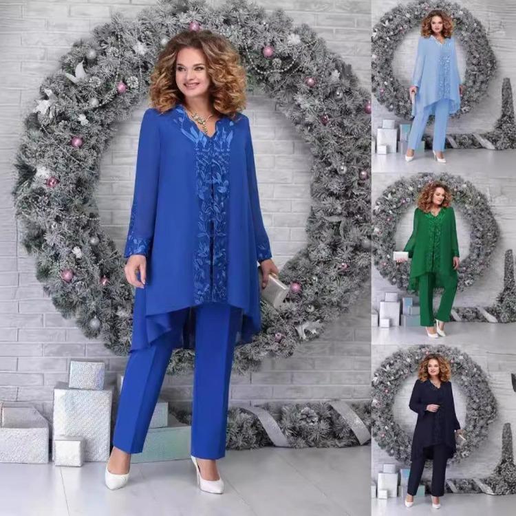 New Plus Size Women 3 Pieces Patchwork Embroidery Evening Dress Set Slim Fit Cocktail Party Formal Occasion