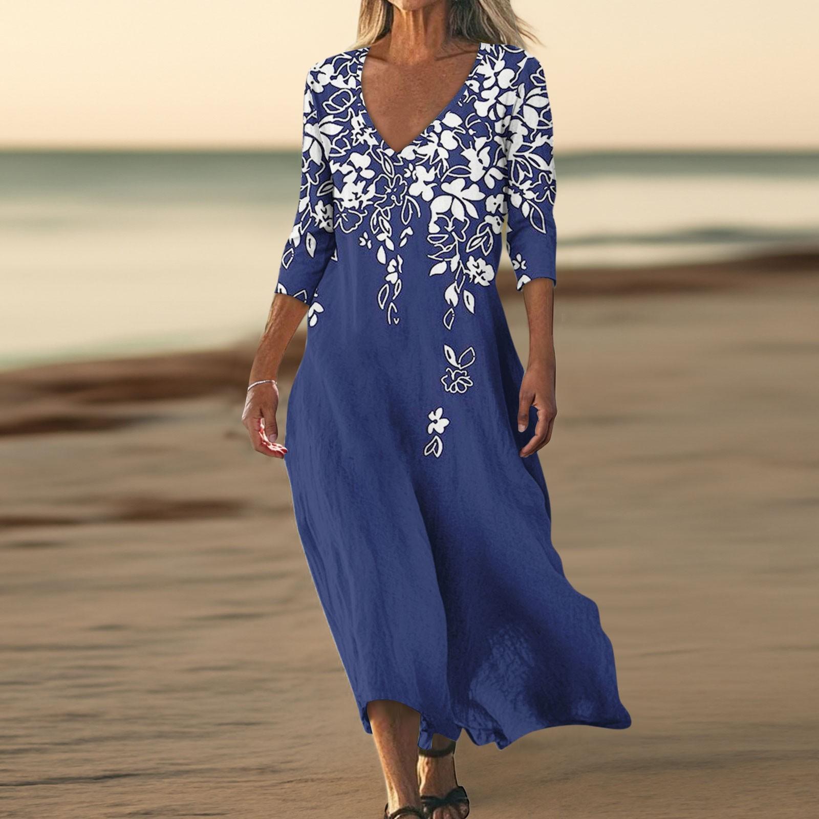 

Платья для женщин Винтажный принт Туника с завышенной талией Миди-платье Летнее повседневное Платье с рукавом 3/4 XXL синий