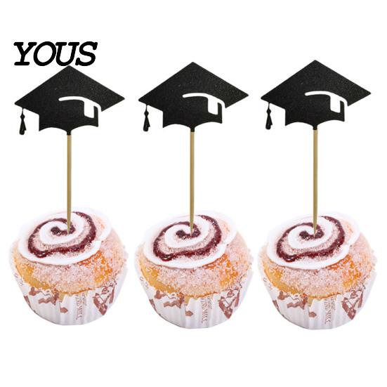 Holzspieß Kuchenstecker 6 Stück Abschluss-Topper, Mini-Abschlusskappe Cupcake Schwarzer Topper Glitzer Food Appetizer-Spieße für Klasse 2026 Partyzubehör