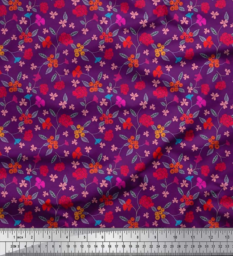 Soimoi Japan Crepe Satin Fabric Berries,Leaves & Floral Artistic Print Fabric by the Metre 42 Inch