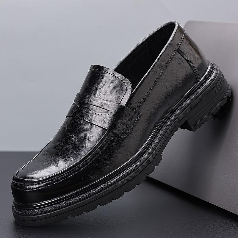 New Men's First-layer Cowhide Casual Leather Shoes Big Head Thick Sole Leather Business Dress Men's Shoes Breathable Single Shoes Men's