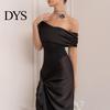 Solid Color Women Dress Lady Evening Slant Neck Off Shoulder Sleeveless Pleated Lace-up Sash Decor Long Irregular Design Slim Fit Prom Party