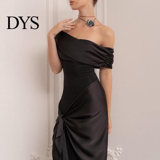 Solid Color Women Dress Lady Evening Slant Neck Off Shoulder Sleeveless Pleated Lace-up Sash Decor Long Irregular Design Slim Fit Prom Party