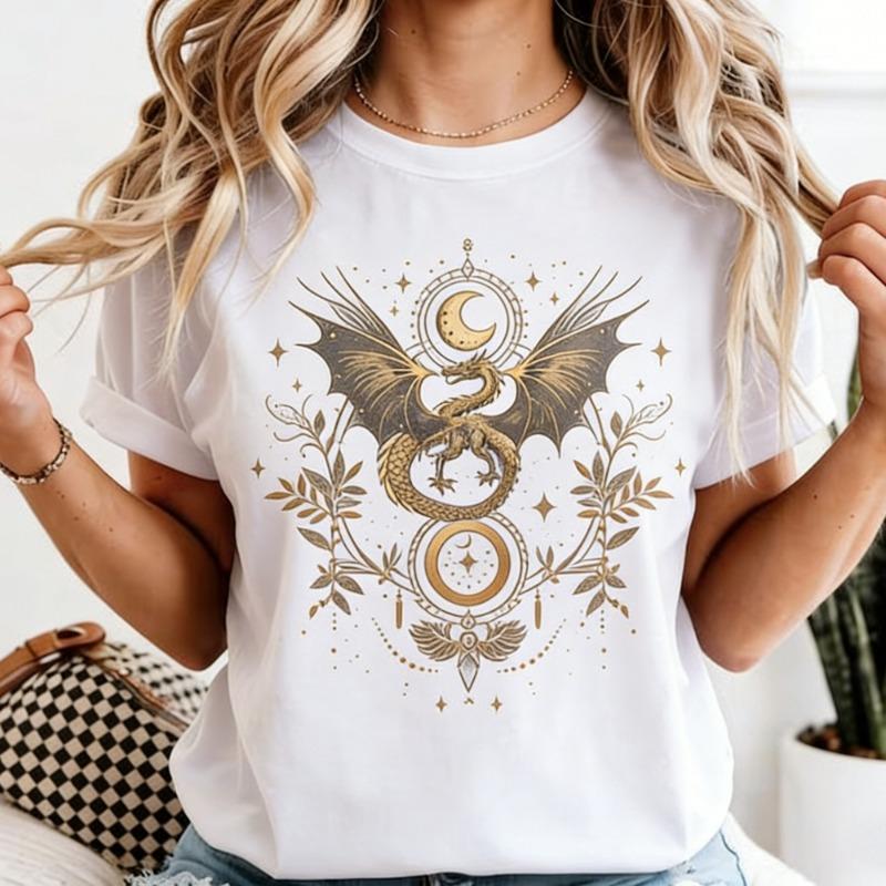 T-shirt Drago Celeste Fase Lunare Magica Boho Floreale Stile Gotico Moda Donna Casual Maglietta Design Retrò Top Stampati