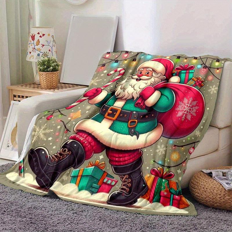 1pc Santa Claus Printing Lightweight Flannel Blanket, Comfortable and Warm Blanket, for Camping Sofa Bed and Couch Office, Gift Blankets In All