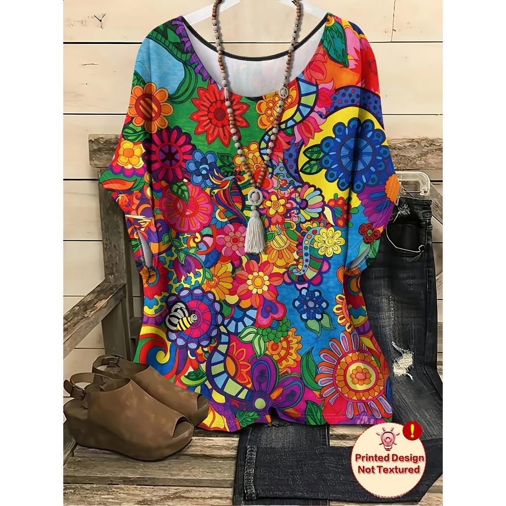 Ladies Large Bohemian Color Pattern Printed Top, Casual Crew Neck Short Sleeve T-Shirt