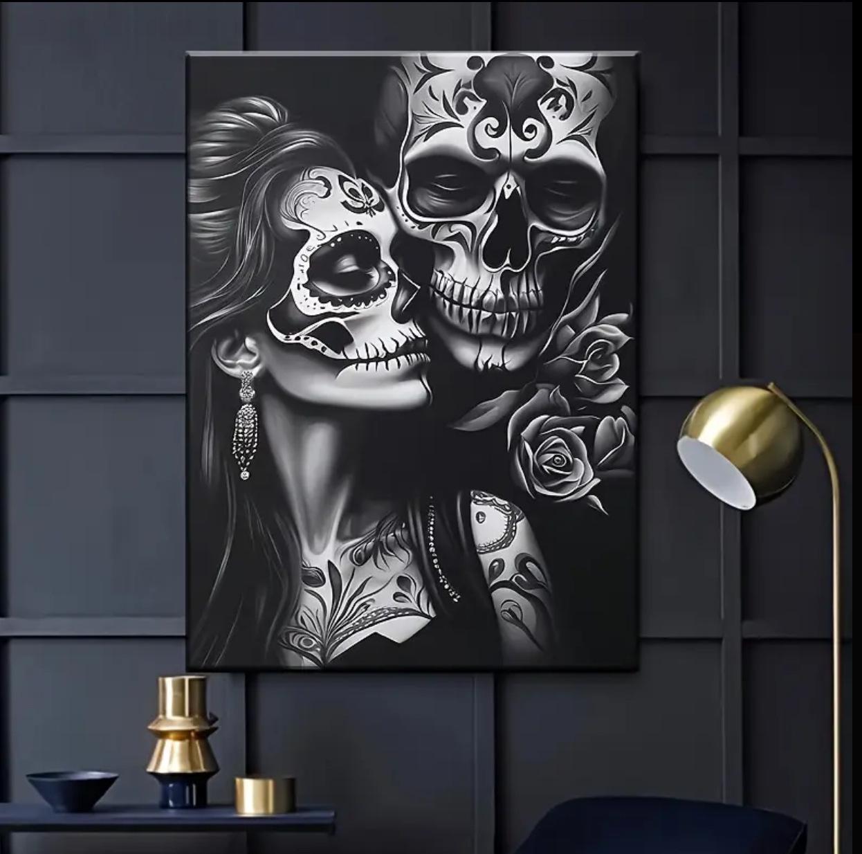 

Fun Black & White Sugar Skull Couple Canvas Painting - Home Decor for Bedroom, Kitchen, Living Room, or Bathroom 10x15