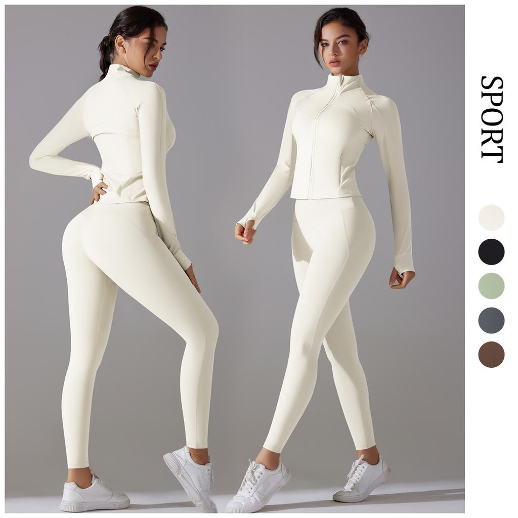 New Stand Up Collar Zipper Jacket Yoga Suit, High Waist And Hip Lifting Tight Pants, Nude Running And Fitness Set, Two-Piece Set For Women