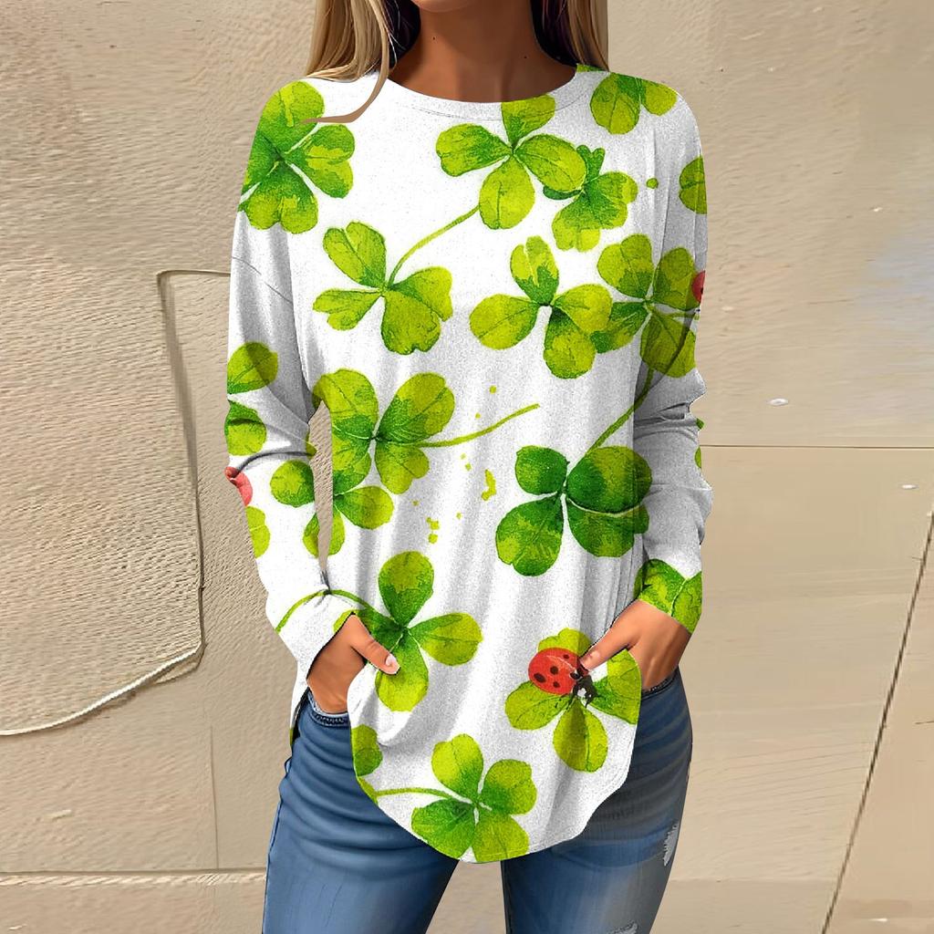 Koszulki dla kobiet Jesień Casual Długie koszule z długim rękawem Bluza Retro Nadruk Top Pullover St. dzień Patryka