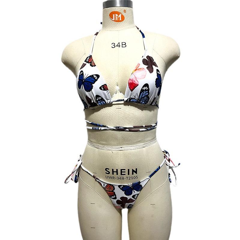 2024 European & American Butterfly Print Drawstring 4-Piece Sexy Women's Bikini Swimwear