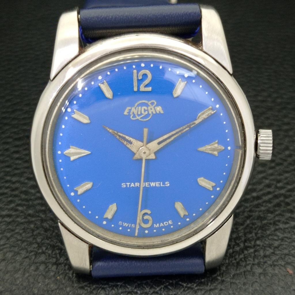 USED ENICAR STAR JEWELS HAND-WINDING SWISS MENS BLUE COLOR DIAL WATCH A431425-2 R107-a431425