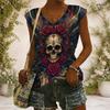 Women Plus Size V Neck Wide Short Sleeve Skull Moon Printed Black T Shirt