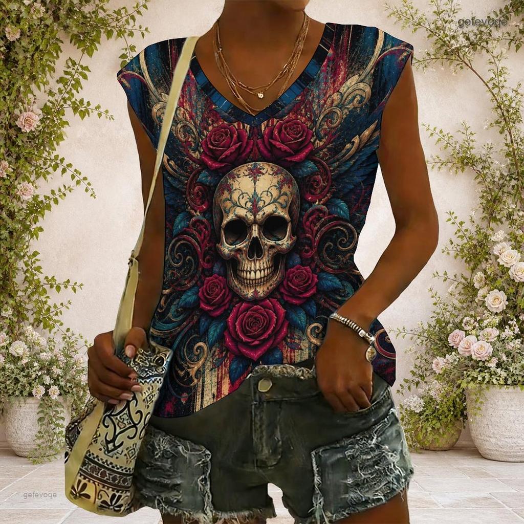 Women Plus Size V Neck Wide Short Sleeve Skull Moon Printed Black T Shirt