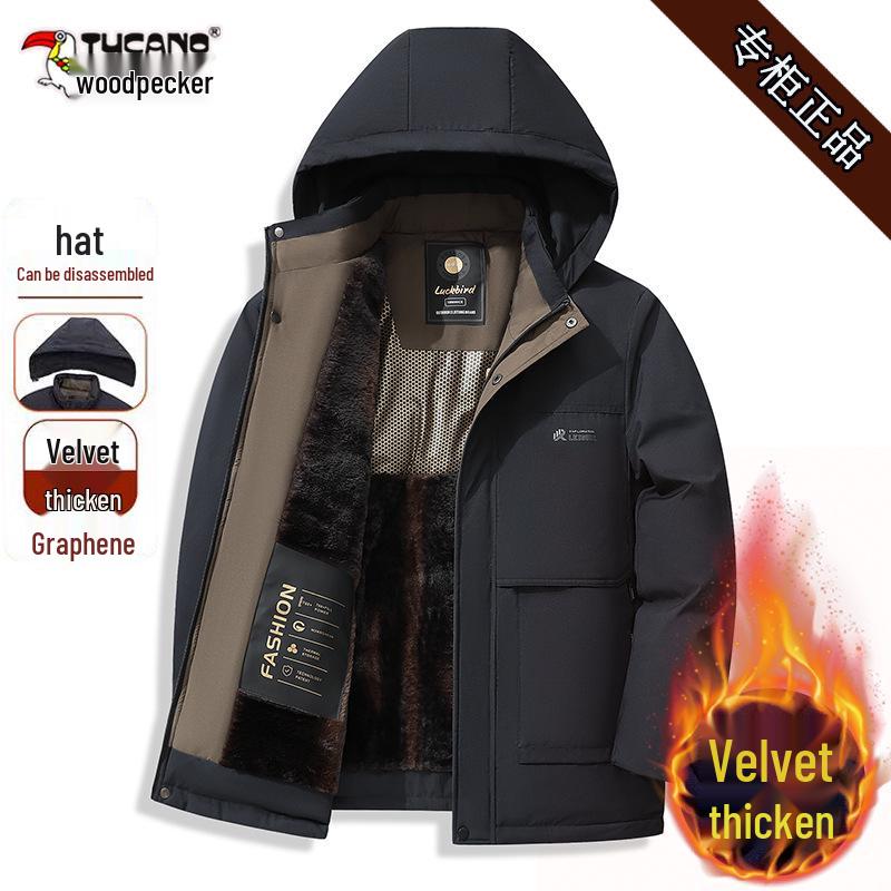 Men's Woodpecker Plus Velvet Mid-length Jacket with Hood, Detachable Liner, Cotton Winter Coat for Middle-aged and Elderly