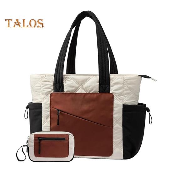 Dámská taška tote s držákem na pohár, barevně blokovaná, psaníčko, kabelka, prošívaná taška puffer přes rameno se zipovými kapsami na cestování, do práce, na ulici