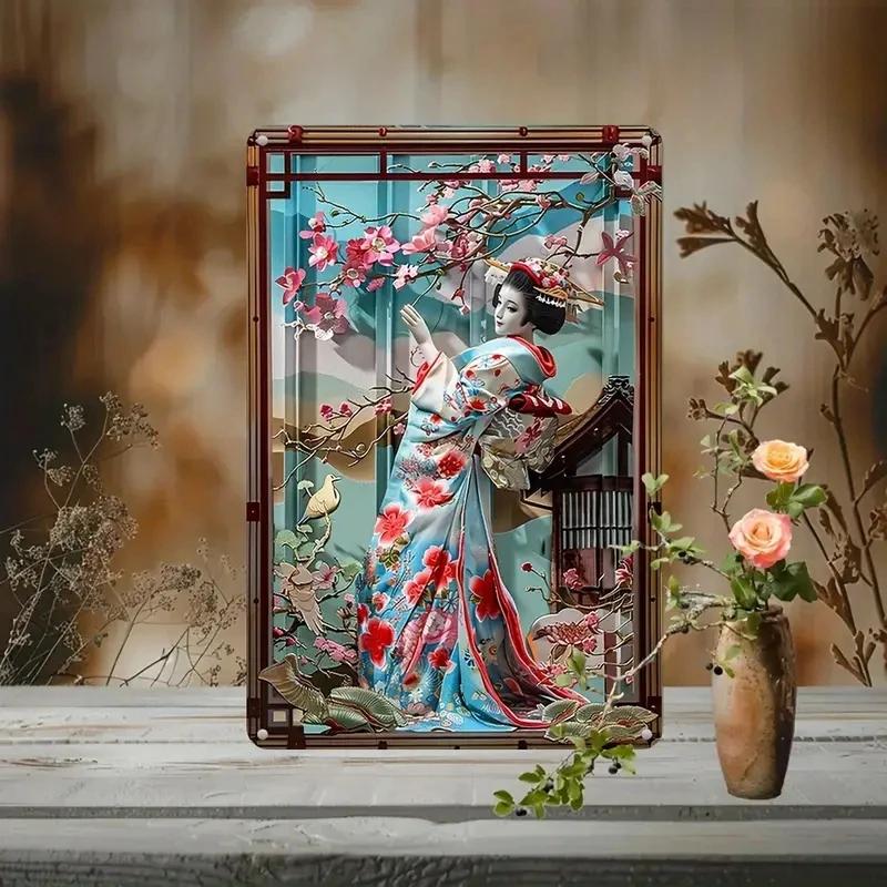 2D Japanisches Kunstposter Kimono Kirschblüten, elegantes Retro Geisha Metallschild, Zuhause, Zimmer, Büro, Izakaya, Café, Studio Wanddekor