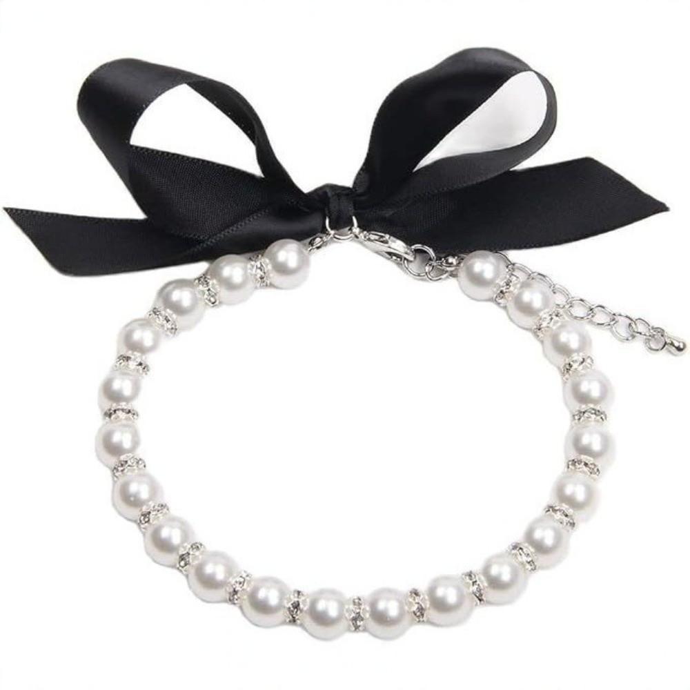 Imitation Pearl Bling Cat Necklace Lace Bow Decor Pet Collar Decoration  Pet Daily Wear