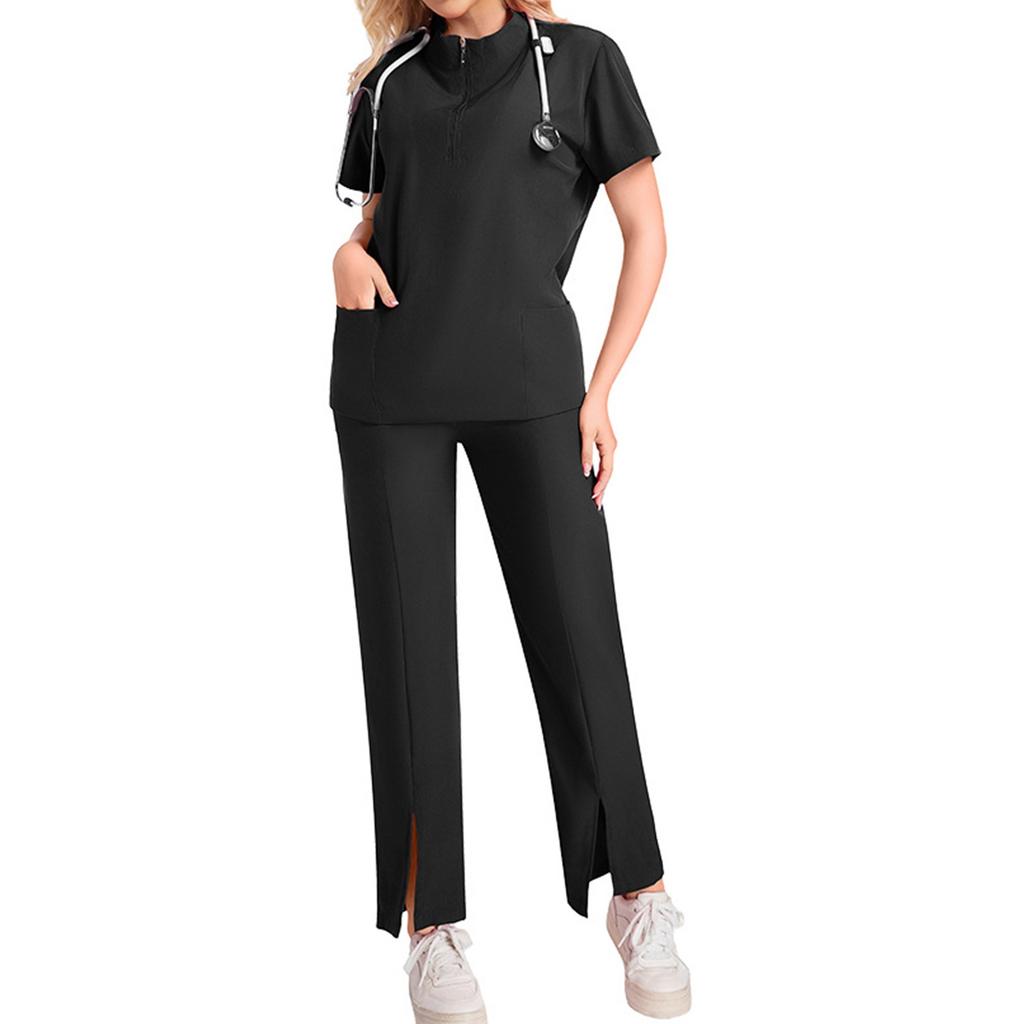 Women's Short Sleeved Solid Color High Collar Pocket Top Pants Work Clothes Two Piece Set